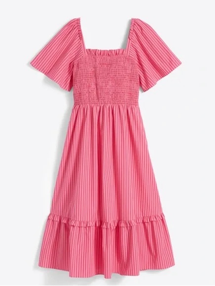 Draper James Pink Smocked Square-Neck Midi Dress